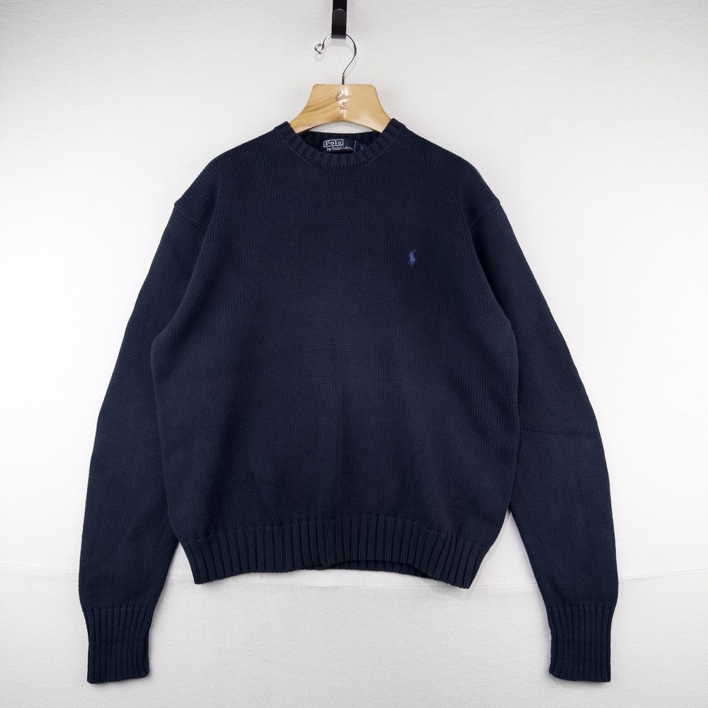 90's Vintage Polo Ralph Lauren Sweater Men's L Navy Blue Knit Crewneck Red Pony